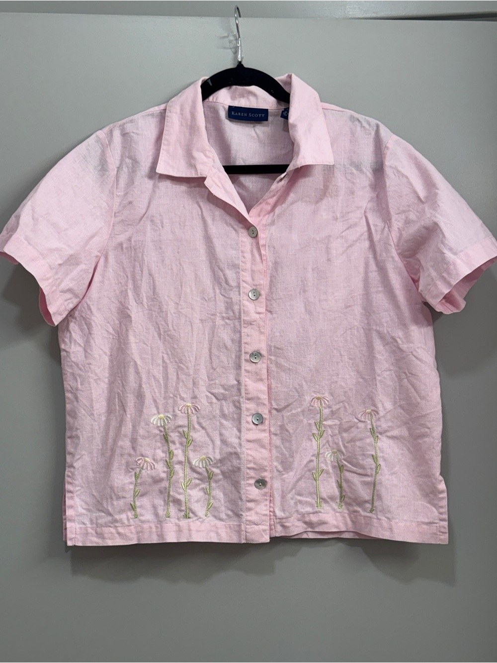 Karen Scott Pink Linen Floral Embroidered Top Coastal Cottagecore